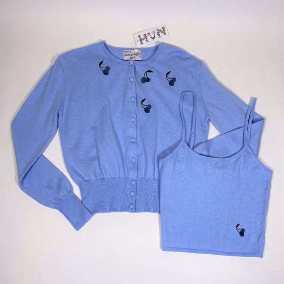 HVN Baby Blue Cherry 'Laura' Embroidered Cardigan & Tank Set - Picture 2 of 5